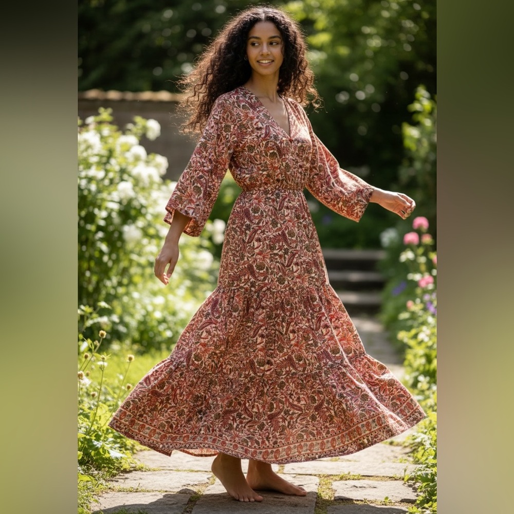 Anthropologie Boemo Maxi Dress Ruffle Boho Tiered V Neck Bell Sleeve L